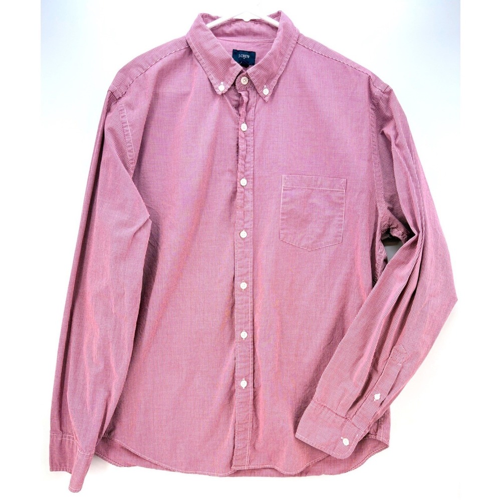 J Crew Red Gingham Button Up Shirt Sz L Preppy Classic Americana Summer Cotton